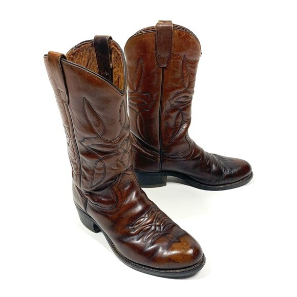 VTG 80s Brown Leather Western Cowboy Boots Men’s Sz 8.5, Vibram Soles - Picture 1 of 13